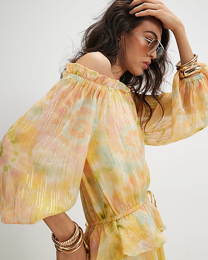 Yellow Metallic Tie Dye Bardot Maxi Dress