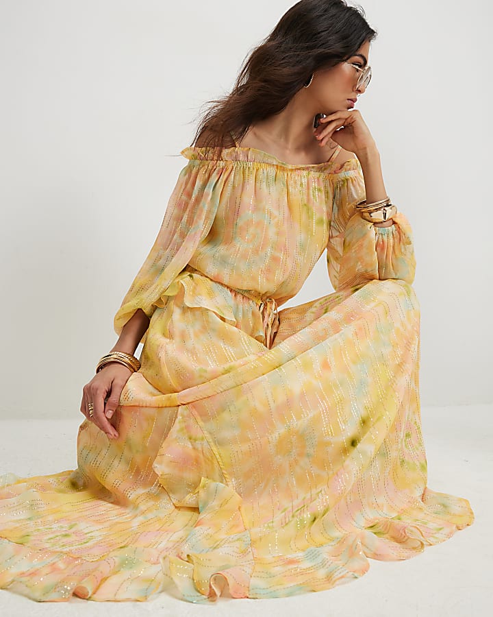 Yellow Metallic Tie Dye Bardot Maxi Dress