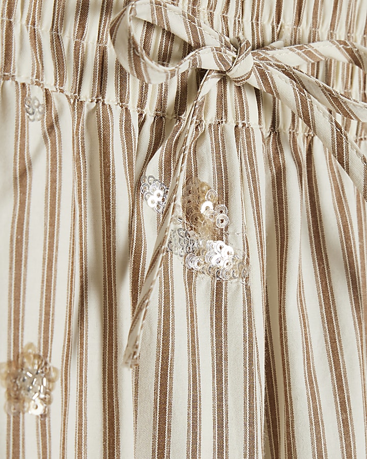 Beige Cotton Blend Striped Embellished Shorts