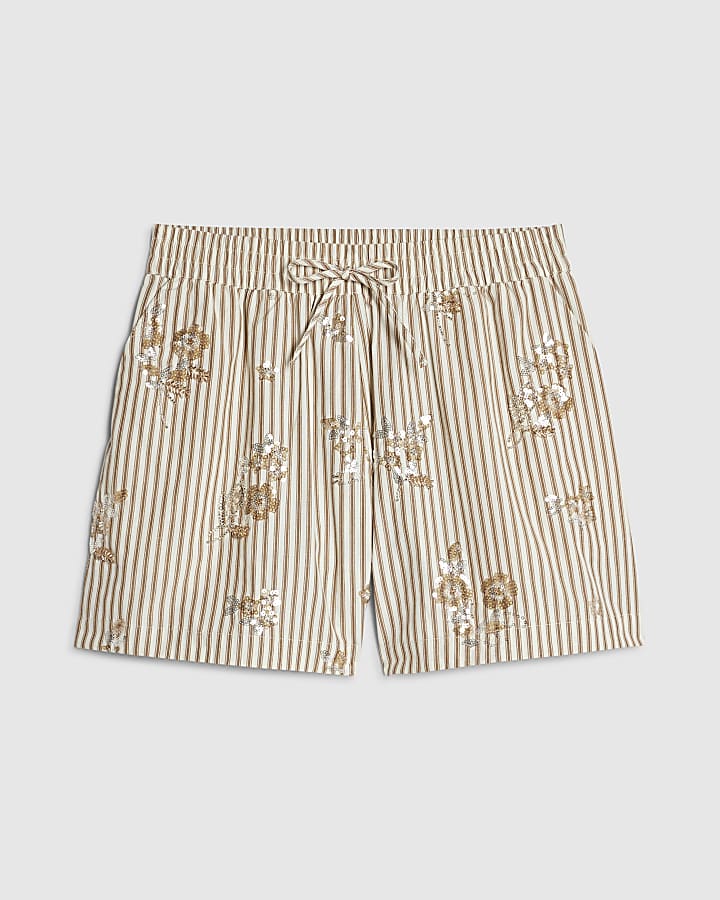 Beige Cotton Blend Striped Embellished Shorts