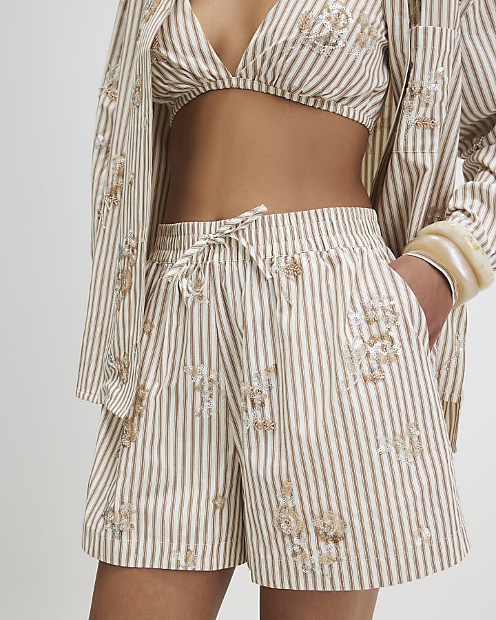 Beige Cotton Blend Striped Embellished Shorts
