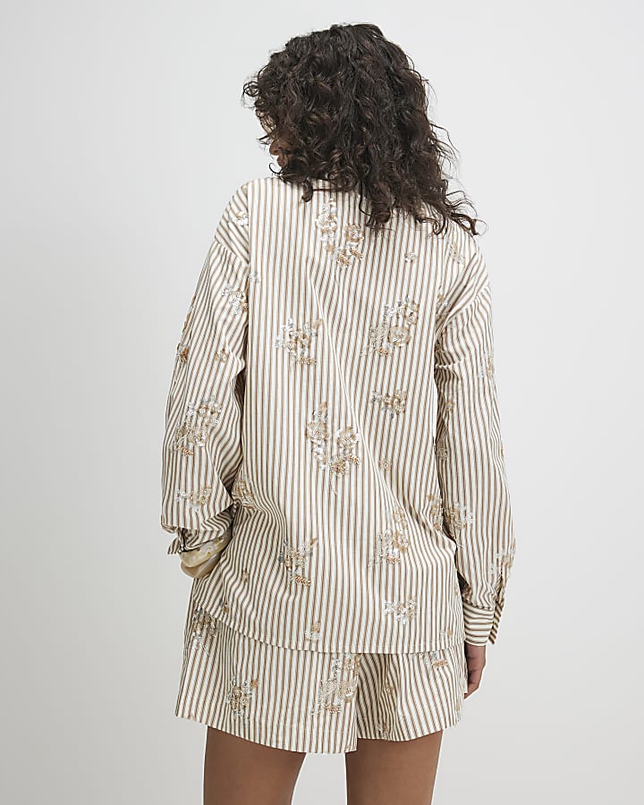 Beige Cotton Blend Striped Embellished Shirt