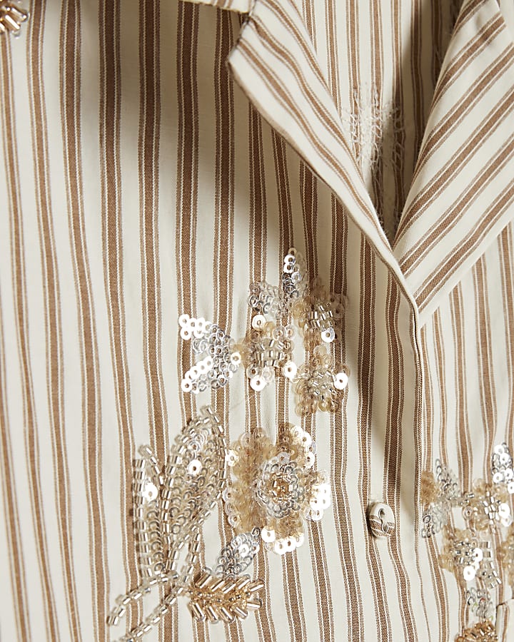 Beige Cotton Blend Striped Embellished Shirt