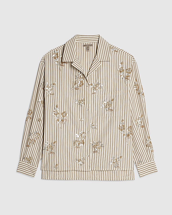 Beige Cotton Blend Striped Embellished Shirt