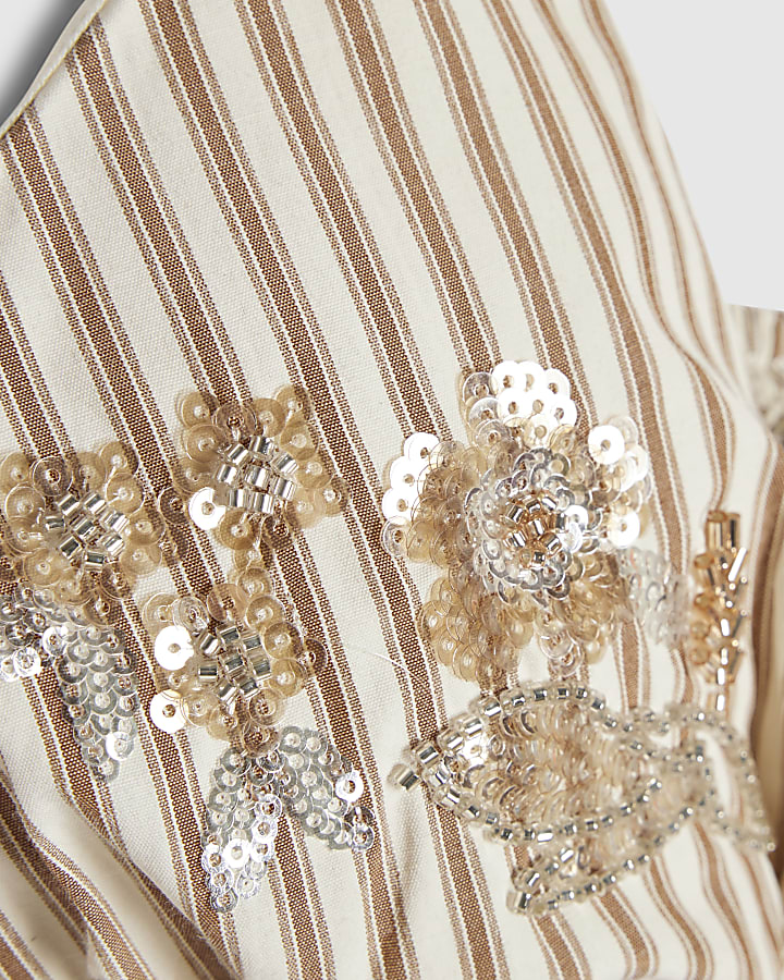 Beige Stripe Embellished Crop Top