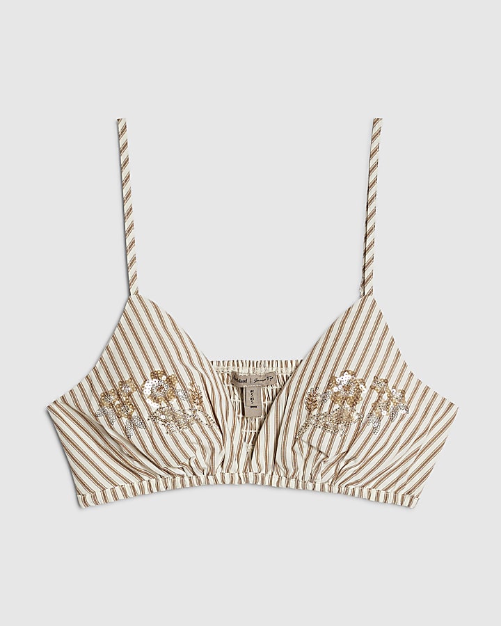 Beige Stripe Embellished Crop Top