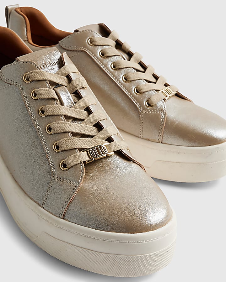 Gold Wide Fit Lace Up Flatform Trainers