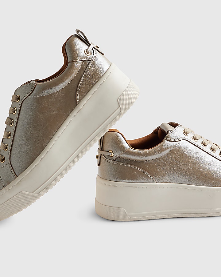 Gold Wide Fit Lace Up Flatform Trainers
