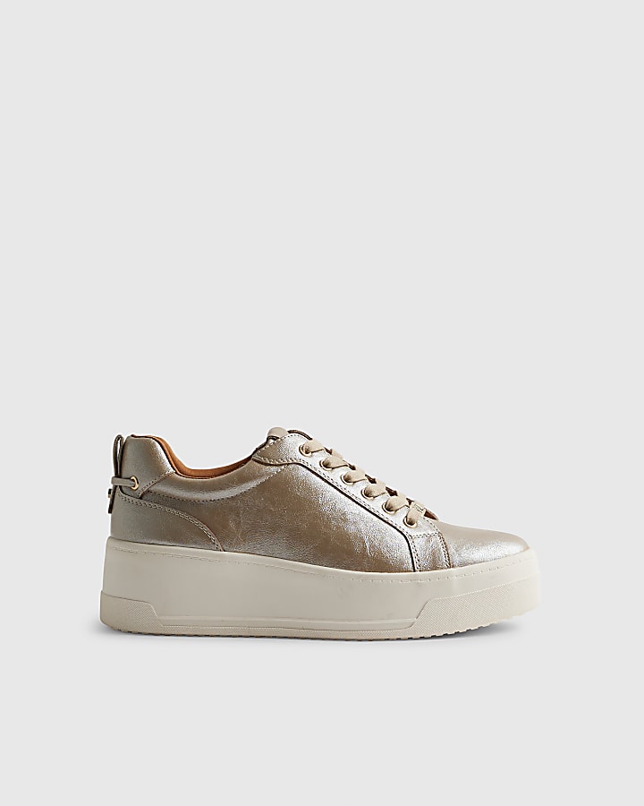 Gold Wide Fit Lace Up Flatform Trainers