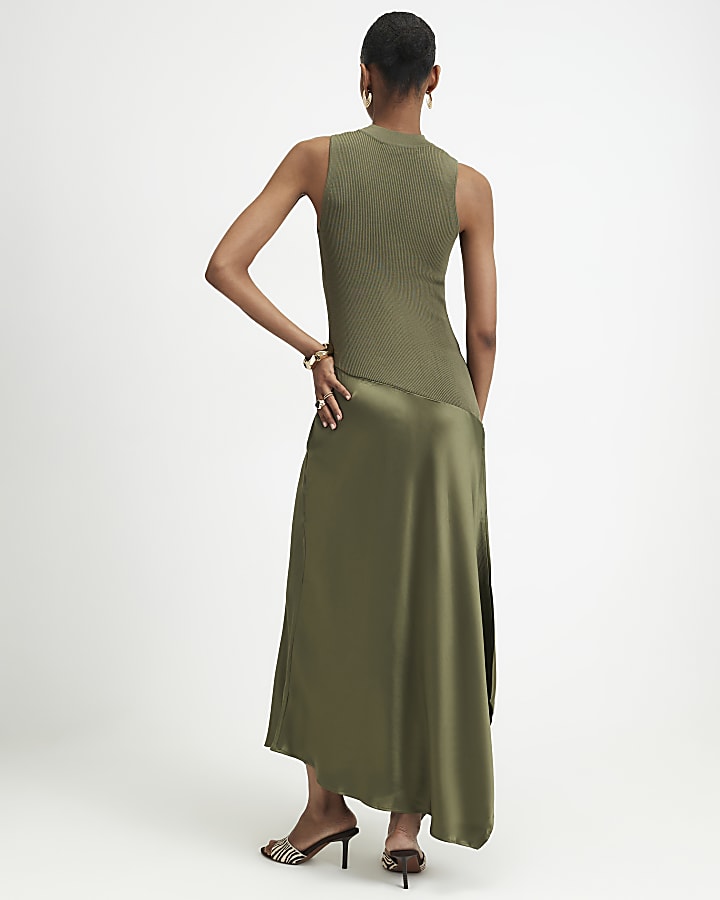 Khaki Hybrid Satin Knit Asymmetric Hem Dress