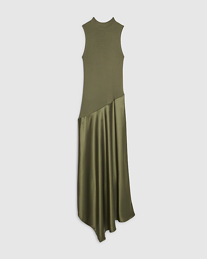Khaki Hybrid Satin Knit Asymmetric Hem Dress