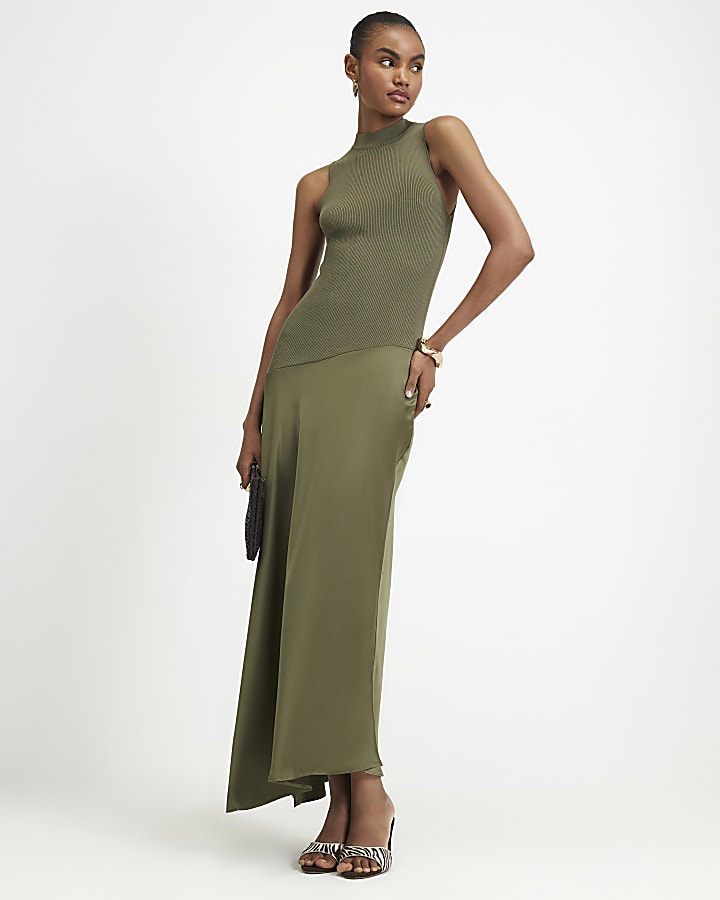 Khaki Hybrid Satin Knit Asymmetric Hem Dress