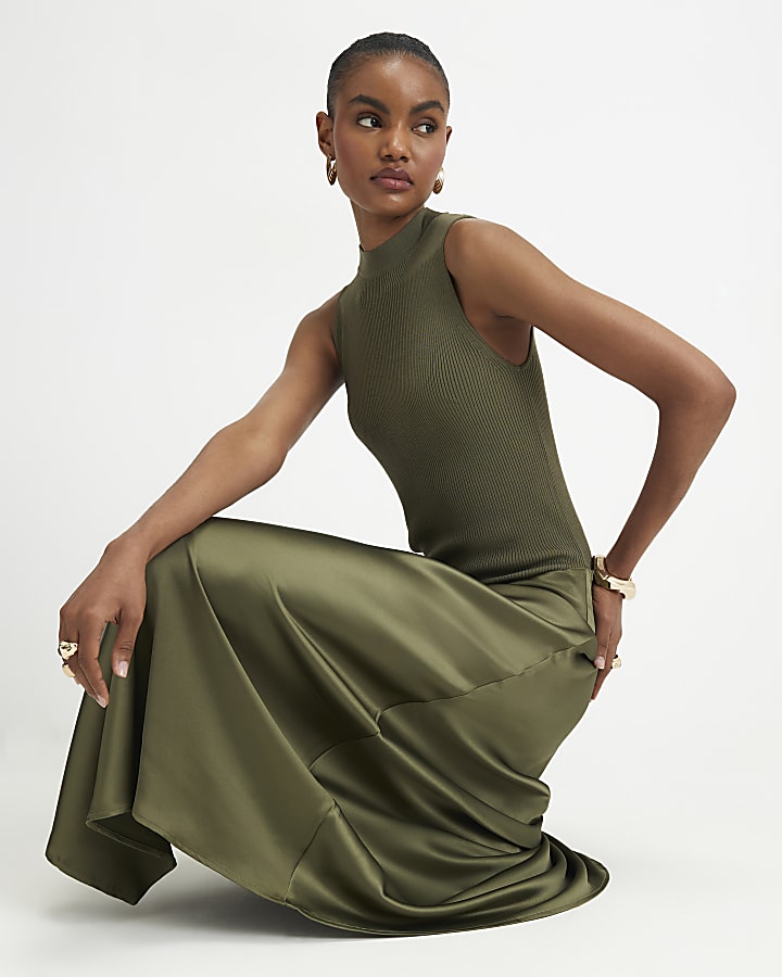 Khaki Hybrid Satin Knit Asymmetric Hem Dress