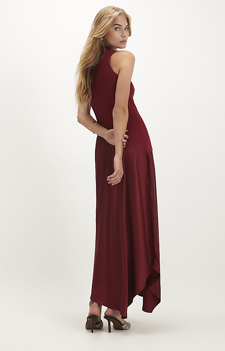Brown Satin Knit Asymmetric Hem Jumper Dress