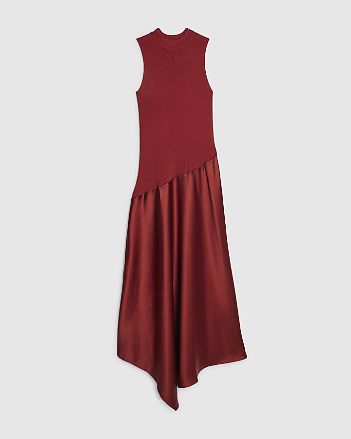 Brown Satin Knit Asymmetric Hem Jumper Dress