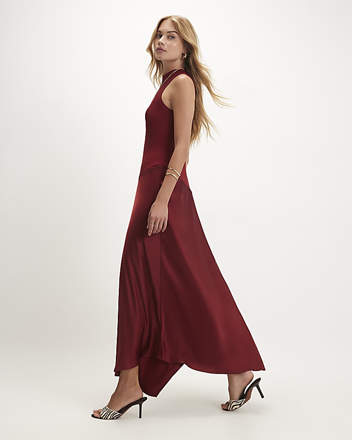 Brown Satin Knit Asymmetric Hem Jumper Dress