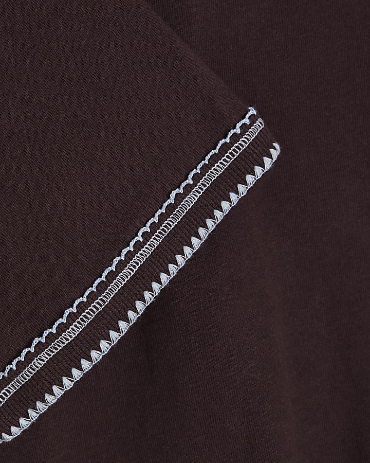 Brown Cotton Whipstitch Trim T-Shirt