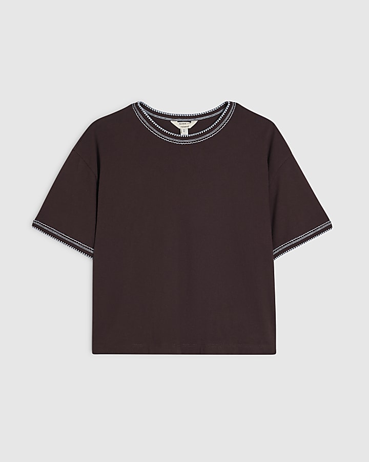 Brown Cotton Whipstitch Trim T-Shirt