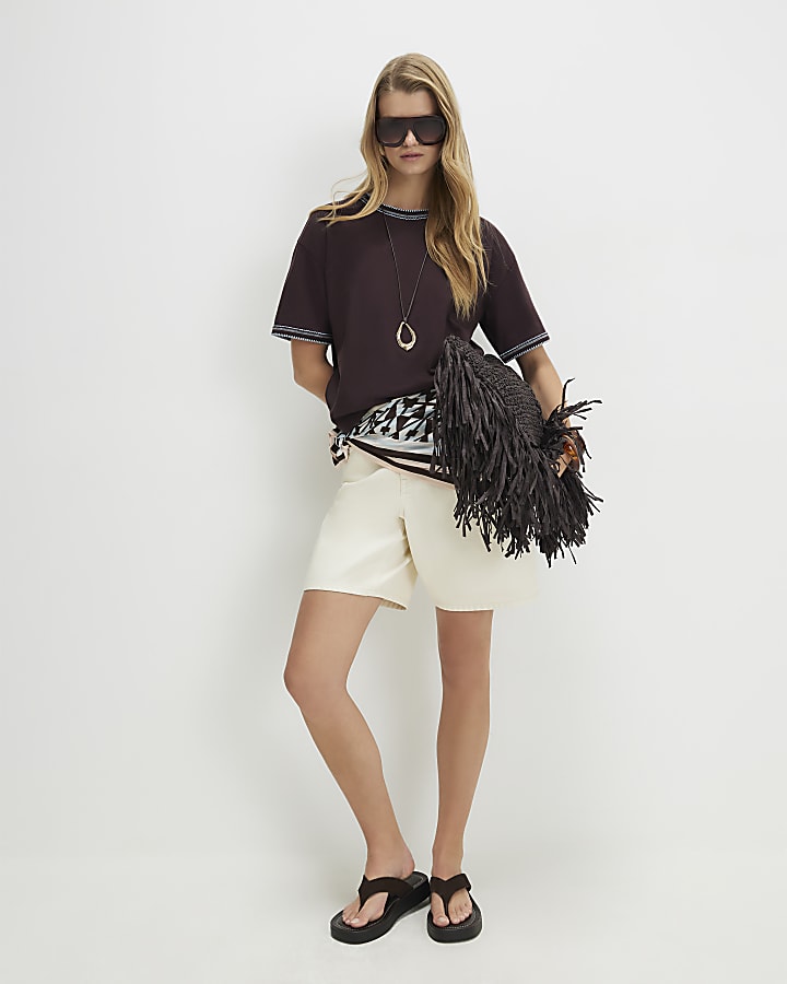 Brown Cotton Whipstitch Trim T-Shirt
