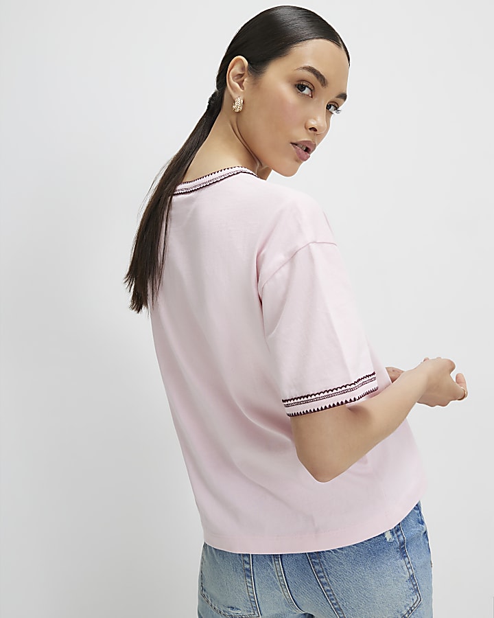 Pink Cotton Whipstitch Trim T-Shirt