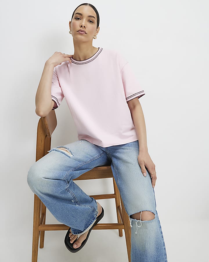 Pink Cotton Whipstitch Trim T-Shirt