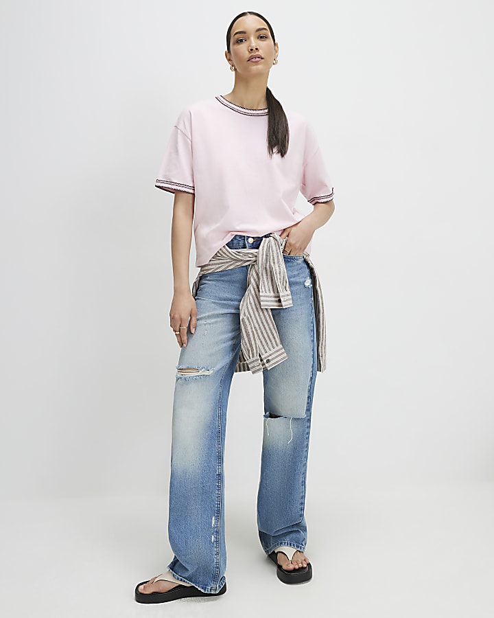 Pink Cotton Whipstitch Trim T-Shirt