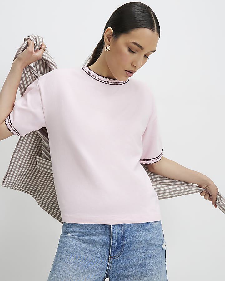 Pink Cotton Whipstitch Trim T-Shirt