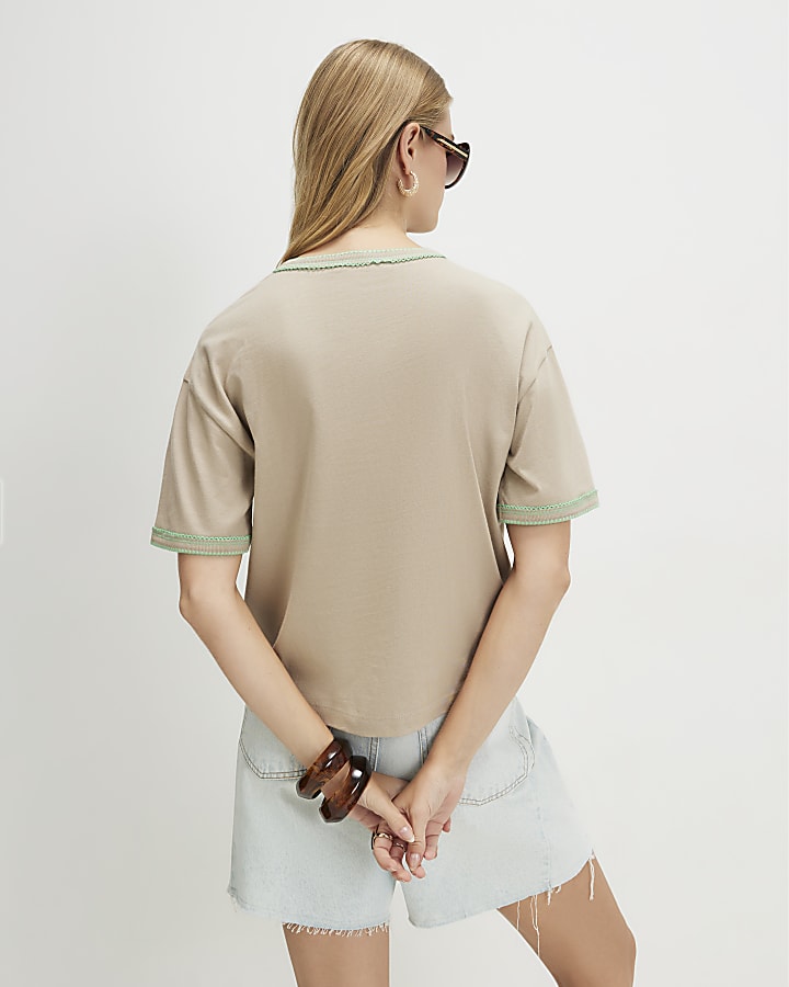 Beige Cotton Whipstitch Trim T-Shirt
