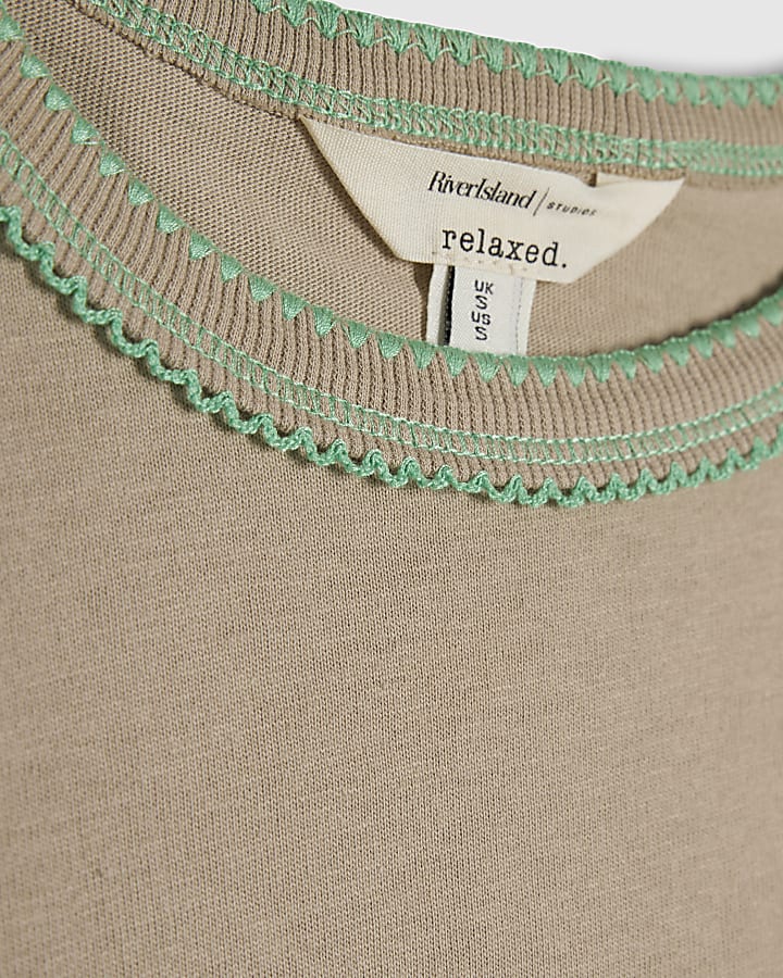 Beige Cotton Whipstitch Trim T-Shirt