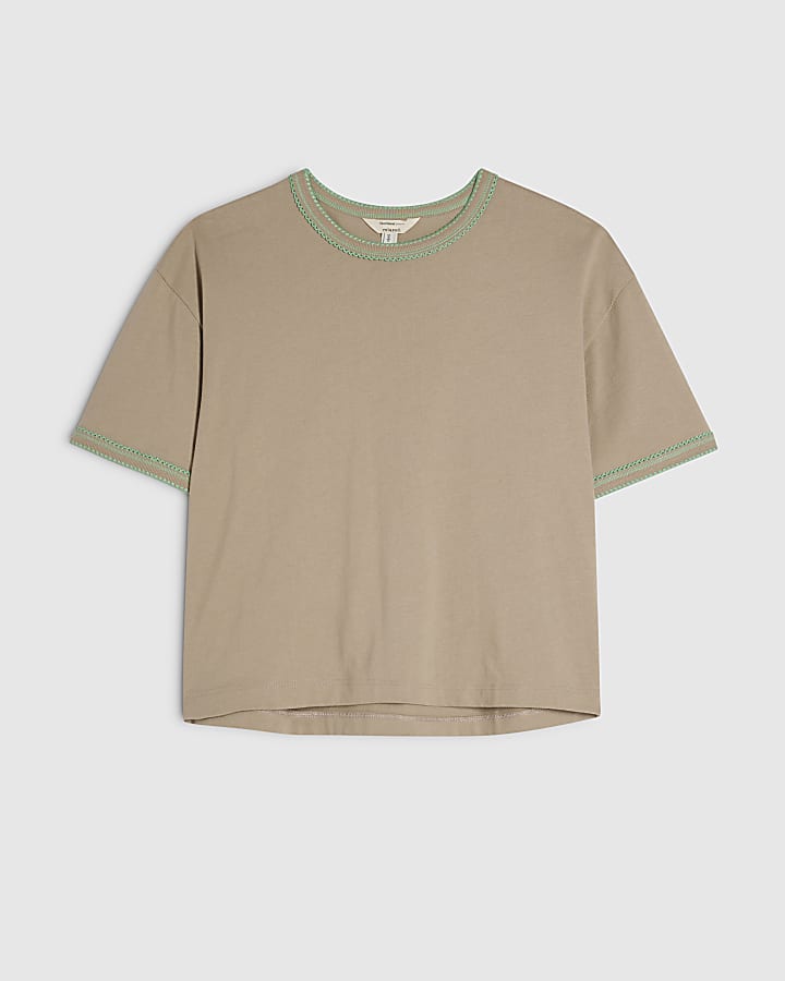 Beige Cotton Whipstitch Trim T-Shirt