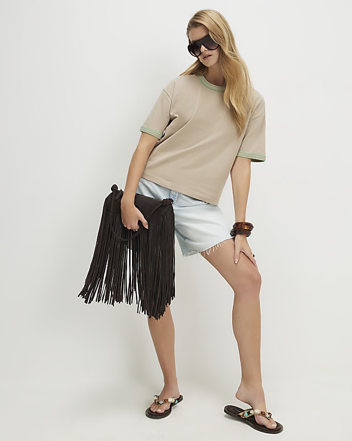 Beige Cotton Whipstitch Trim T-Shirt