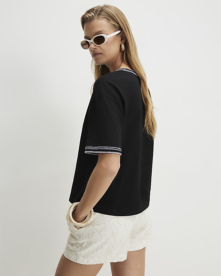 Black Cotton Whipstitch Trim T-shirt