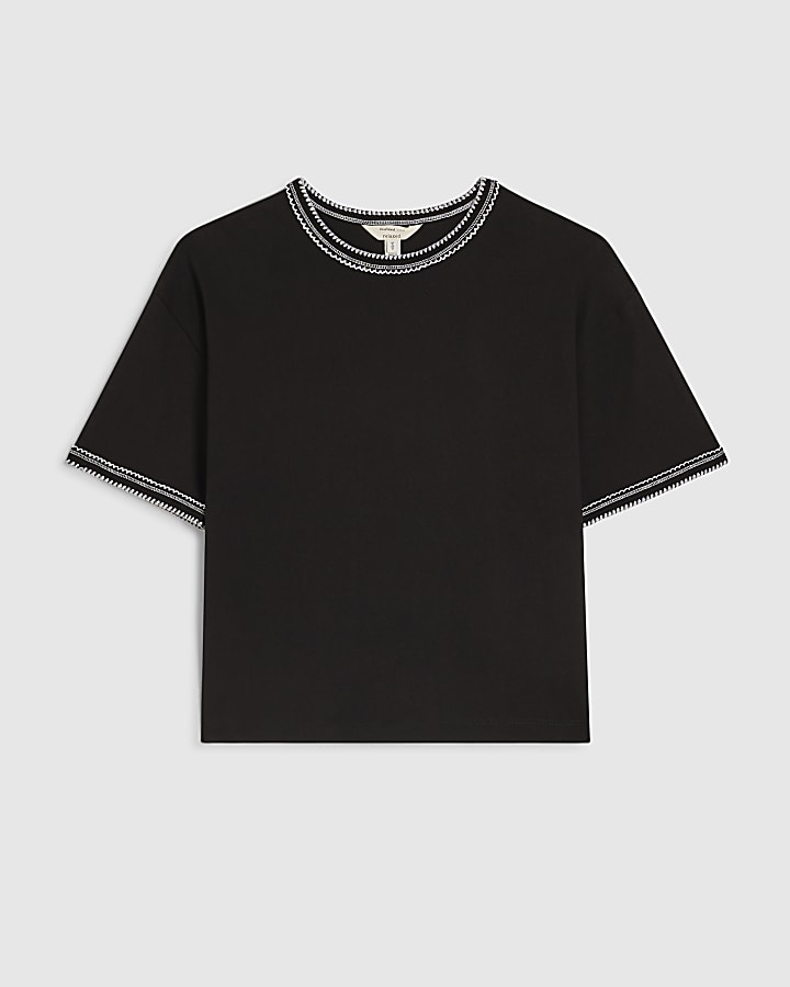 Black Cotton Whipstitch Trim T-shirt
