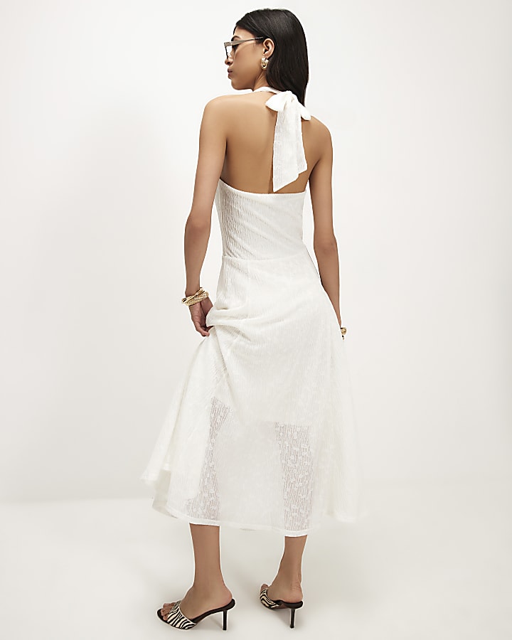Cream Textured Halter Neck Midi Dress