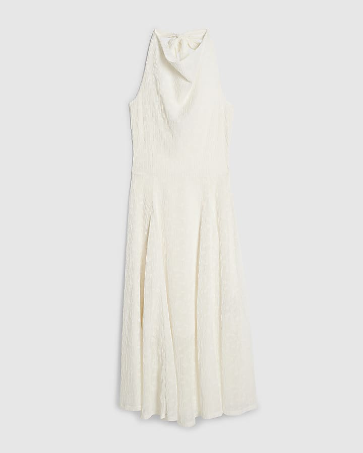 Cream Textured Halter Neck Midi Dress