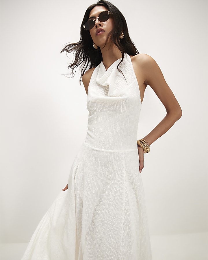 Cream Textured Halter Neck Midi Dress