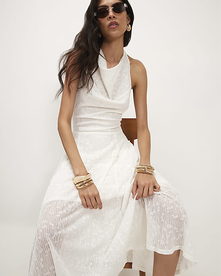 Cream Textured Halter Neck Midi Dress