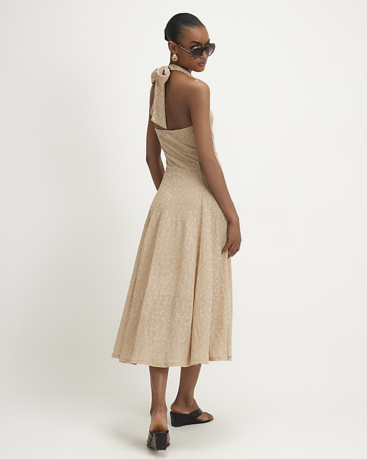 Beige Textured Halter Neck Midi Dress