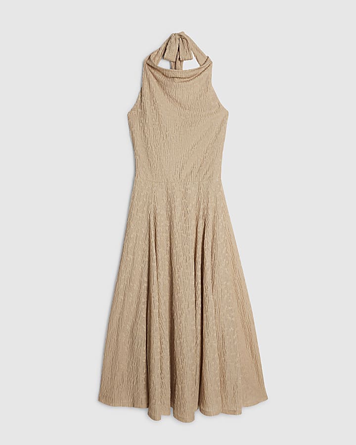 Beige Textured Halter Neck Midi Dress