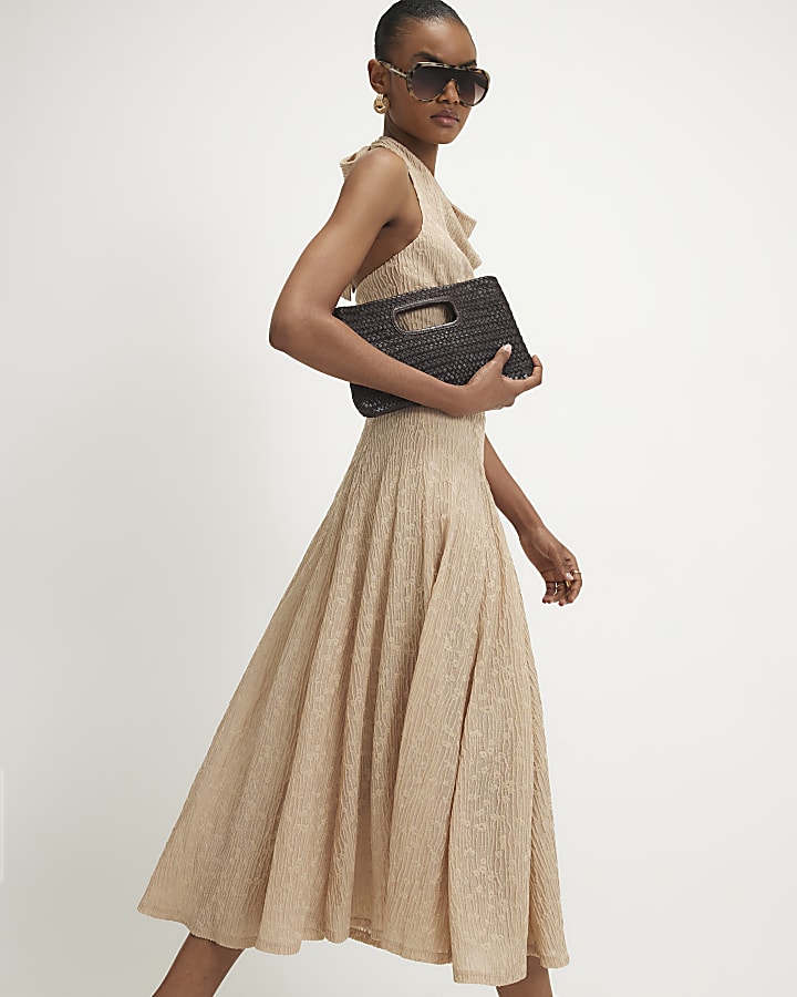 Beige Textured Halter Neck Midi Dress