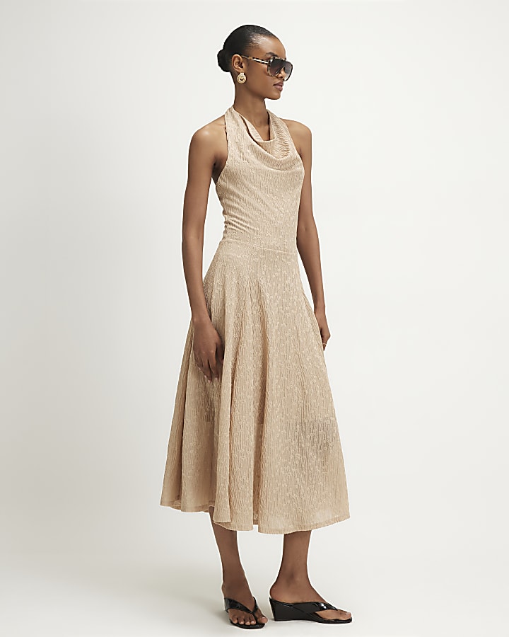 Beige Textured Halter Neck Midi Dress