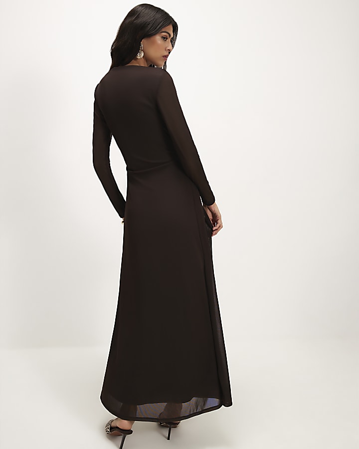 Brown Sheer Drape Maxi Dress