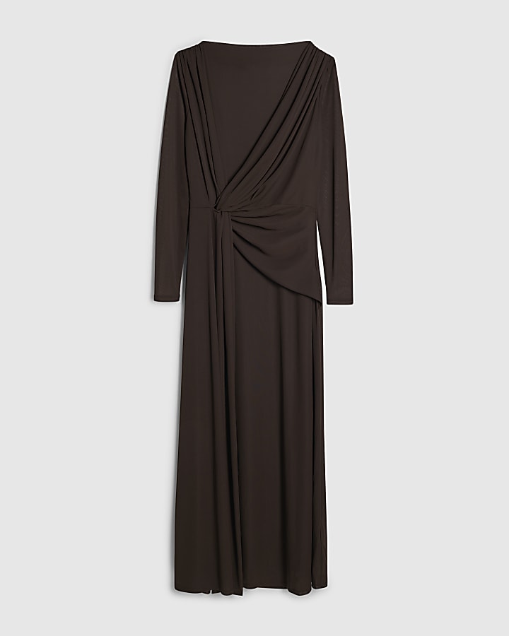 Brown Sheer Drape Maxi Dress