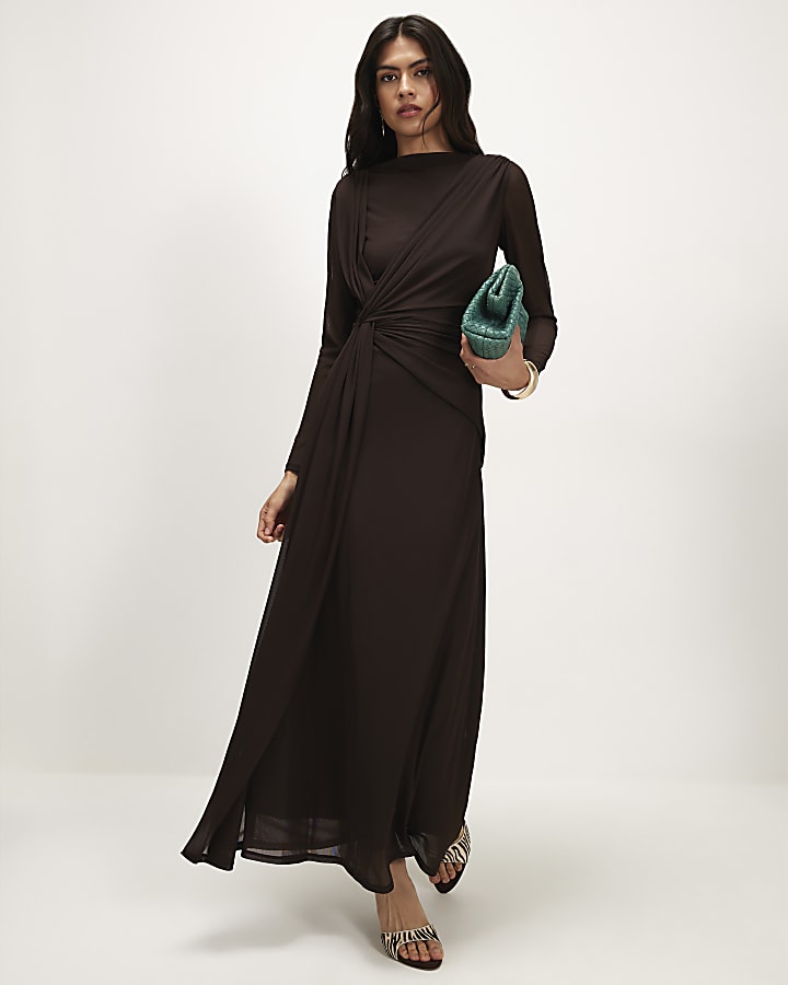Brown Sheer Drape Maxi Dress