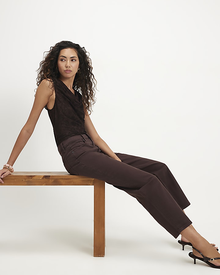 Brown Mid Rise Barrel Leg Jeans