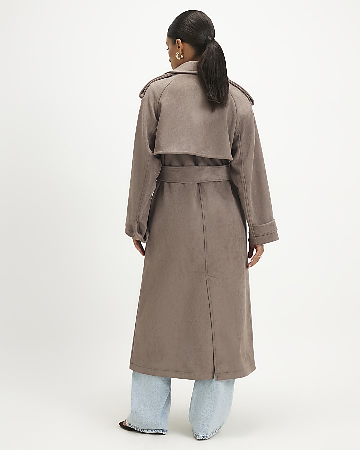 Petite Brown Faux Suede Trench Coat