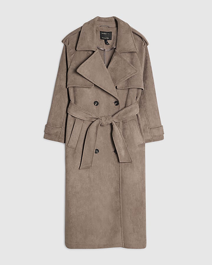 Petite Brown Faux Suede Trench Coat
