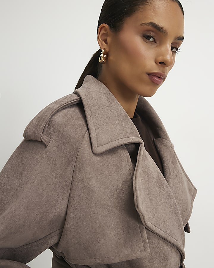 Petite Brown Faux Suede Trench Coat