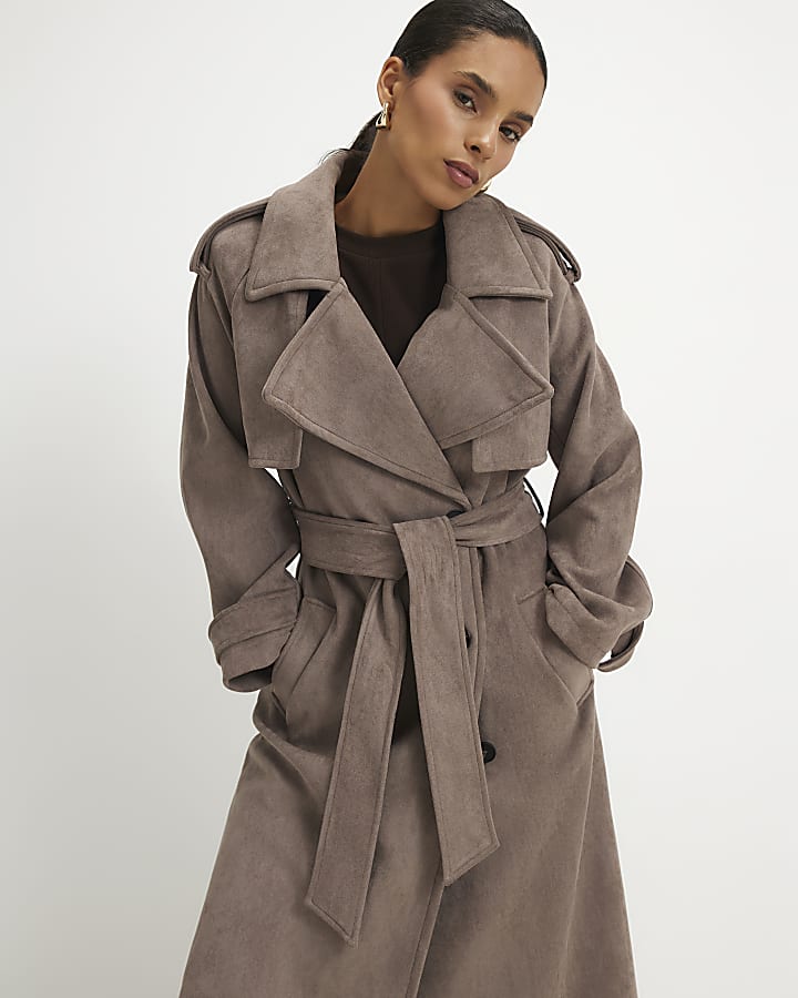 Petite Brown Faux Suede Trench Coat