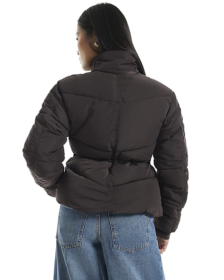 Petite Brown Cinched Waist Padded Jacket